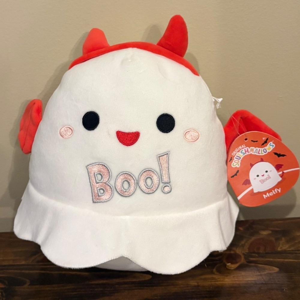 Squishmallows Melfy the Ghost Devil Halloween Plush‎ White Red Kellytoy NWT